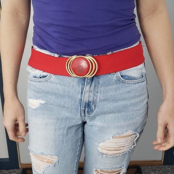 Vintage 80s Red Elastic Waist Belt - Picture 1 of 3